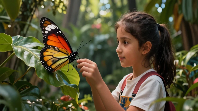 Estudiante observa mariposa vibrante en jardín mexicano
