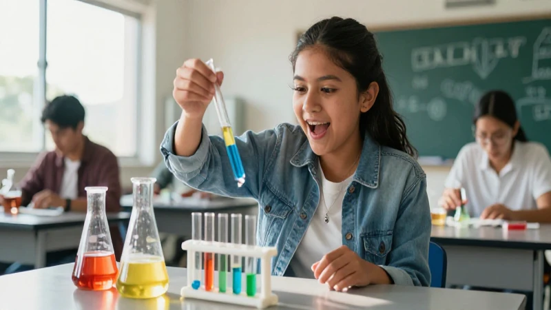 Estudiante observa experimento químico vibrante
