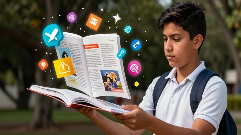 Estudiante mexicano ilustrado con conceptos de aprendizaje