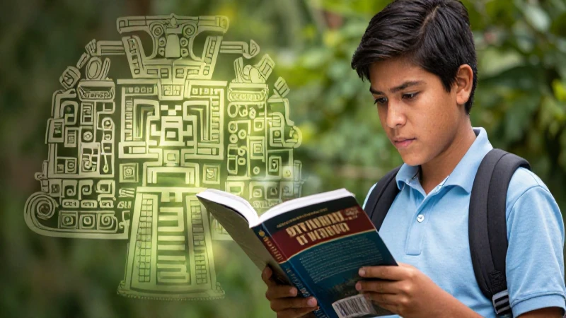 Estudiante mexicano con libro y mapa azteca