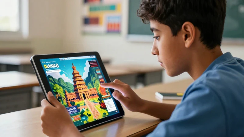 Estudiante mexicano interactúa con tablet futurista educativa