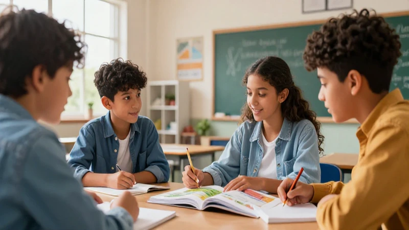 Estudiantes interactúan en revista educativa moderna