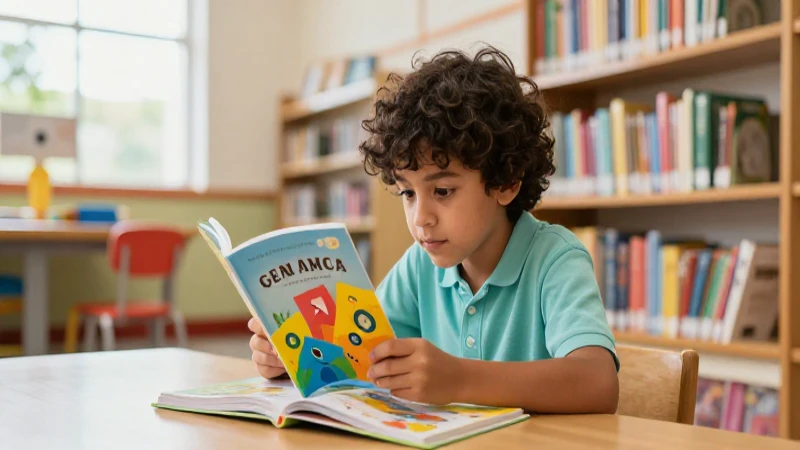 Conoce y aprende con el mejor libro de texto expositivo 3 Joven lee libro colorido en biblioteca vibrante