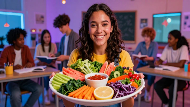 Estudiante feliz y comida vibrante en entorno moderno