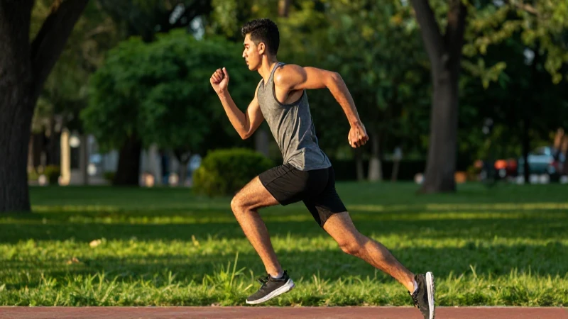 Estudiante mexicano atlético corre en parque al atardecer