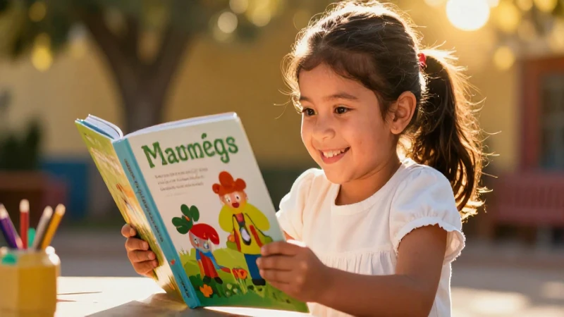 Libro educativo preescolar: desarrollo integral de tus hijos 3 Niña alegre lee un libro educativo con estética mexicana