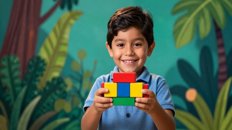 Niño feliz con bloques en vibrante ilustración digital