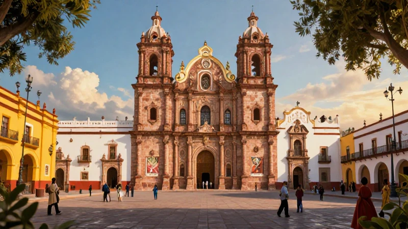 Plaza colonial vibrante con figuras diversas bajo luz dorada