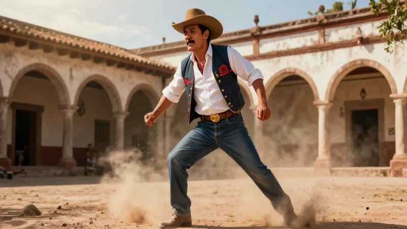 Héroe revolucionario mexicano en una hacienda al atardecer