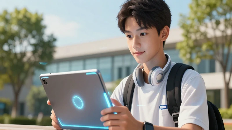 Estudiante concentrado en tablet educativa futurista