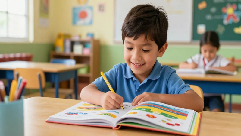 ¡Aprende inglés preescolar SEP con el mejor libro y logra el éxito! 4 Niño mexicano alegre aprende en aula moderna vibrante