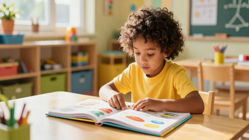 Niño en libro educativo con ambiente luminoso y dinámico