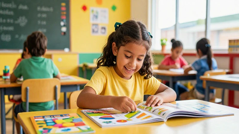 Niño alegre explora materiales educativos vibrantes