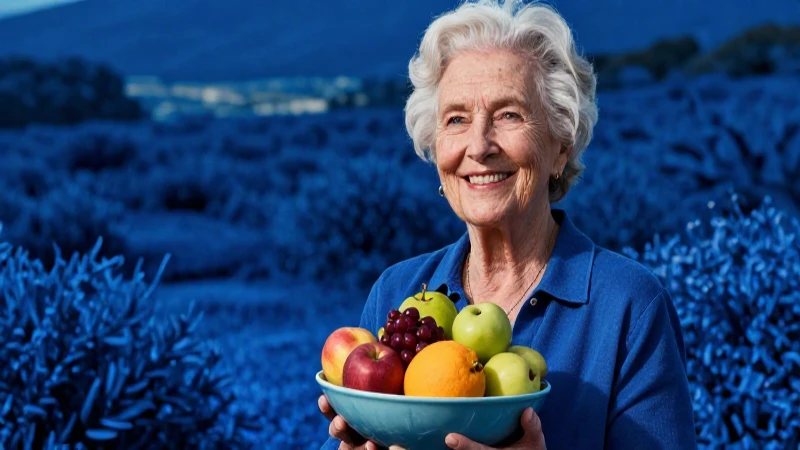 Mujer mayor radiante con frutas en paisaje vibrante