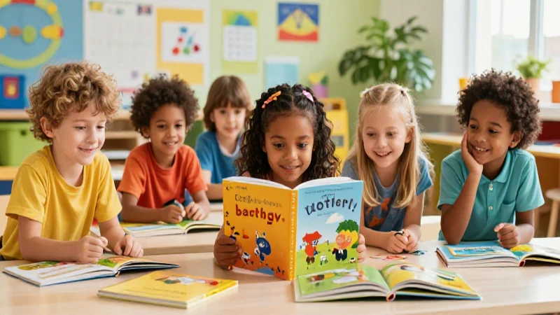Niños felices y libros vibrantes en aula moderna