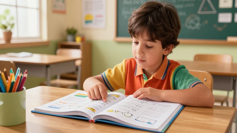Estudiante interactúa con libro de matemáticas en aula