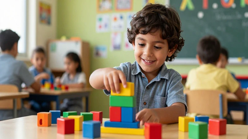 Niño sonriente juega con bloques coloridos