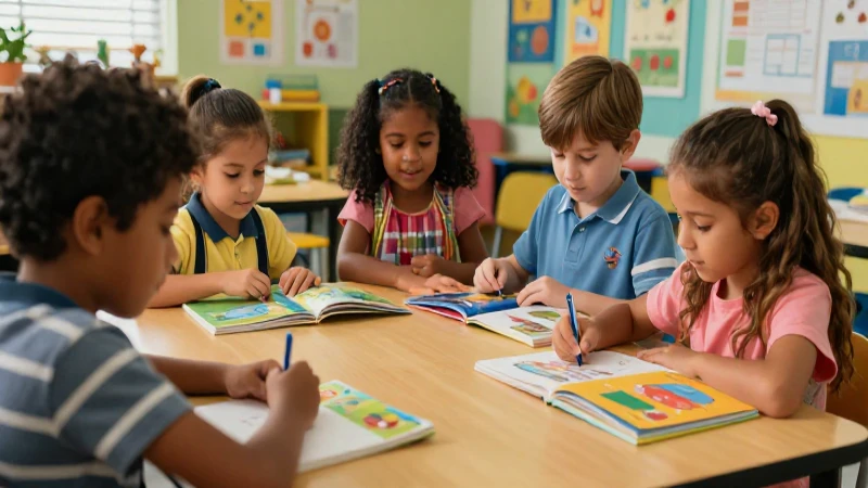 Niños diversos aprendiendo en ambiente educativo moderno
