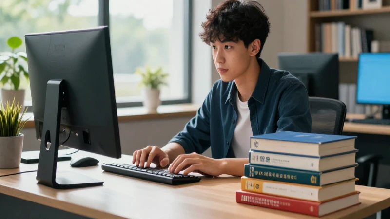 Estudiante enfocado con escritorio moderno y éxito académico