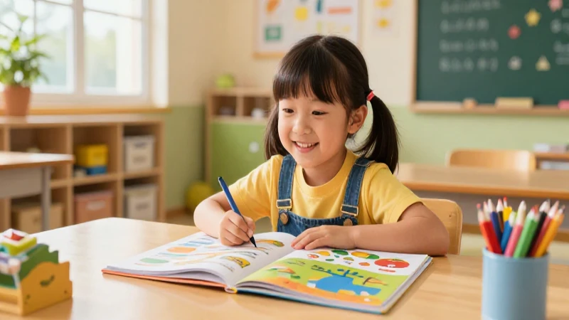 Descarga el libro preescolar 2022 en PDF: diversión educativa para toda la familia 3 Niño alegre y libro colorido en aula moderna
