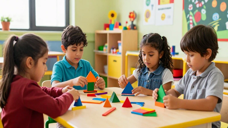 Niños en clase con material geométrico