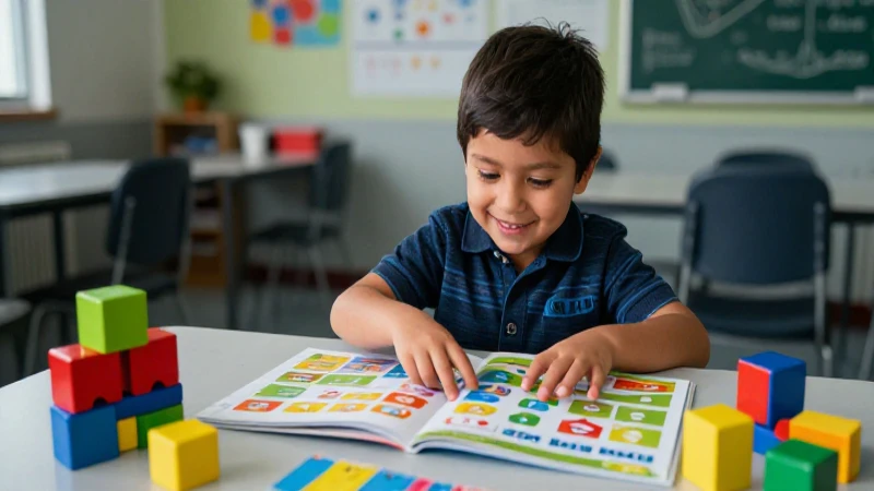 Niño mexicano alegre aprende en aula