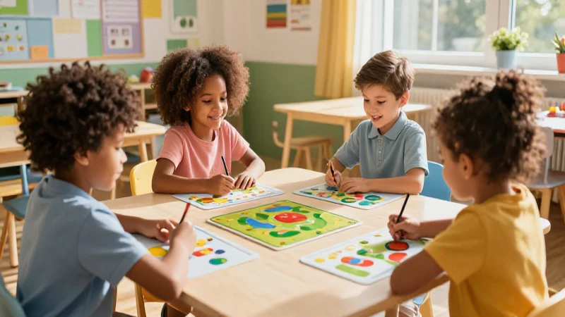 Niños felices aprendiendo en un salón moderno