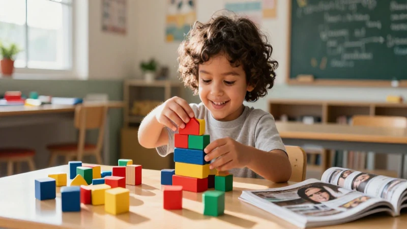 Alegre niño explorando bloques educativos
