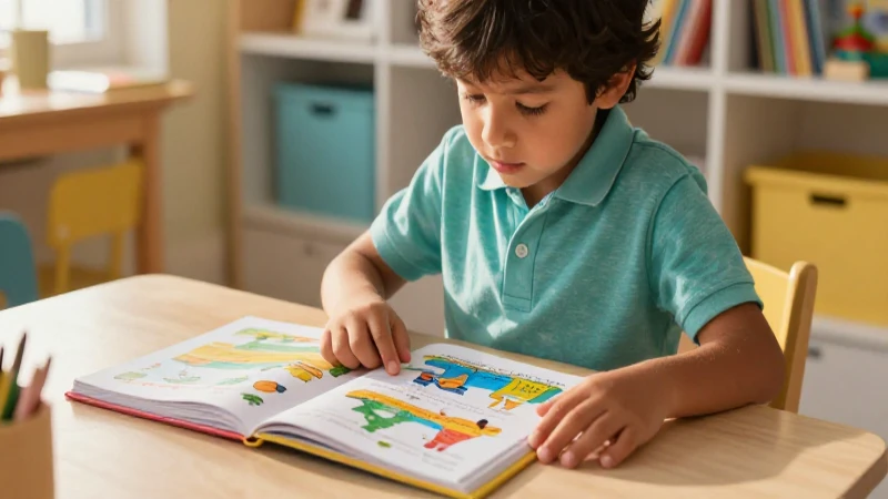 Niño mexicano interactúa con libro en rincón luminoso