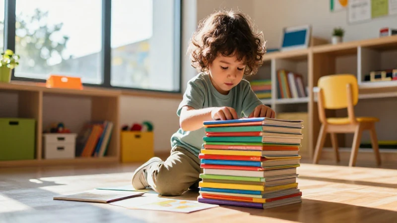 Niño explorando libros coloridos con luz cálida