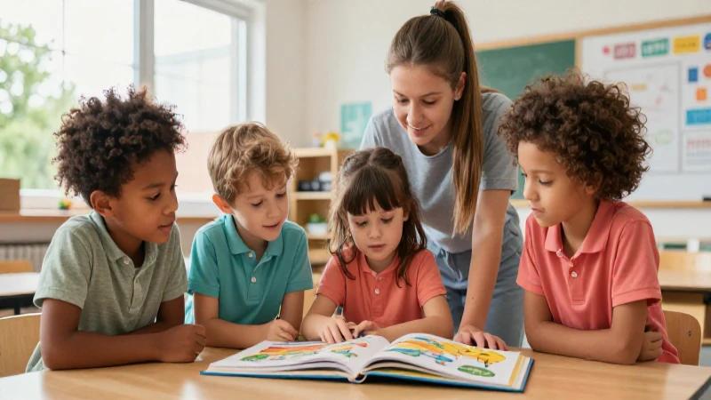 Niños colaboran en un aula educativa moderna y luminosa