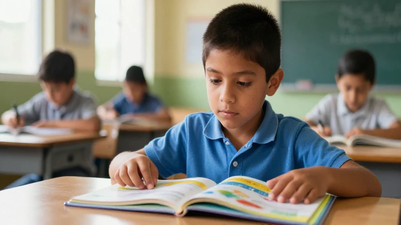 Niño mexicano concentrado estudiando un libro brillante