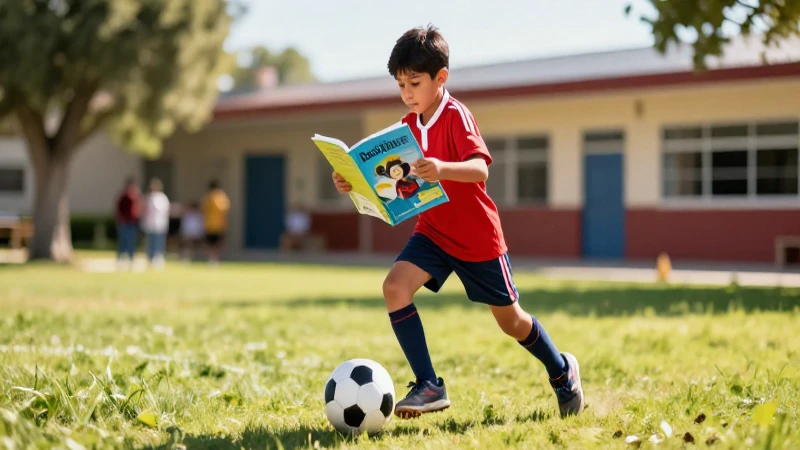 Estudiante mexicano jugando fútbol con un libro educativo