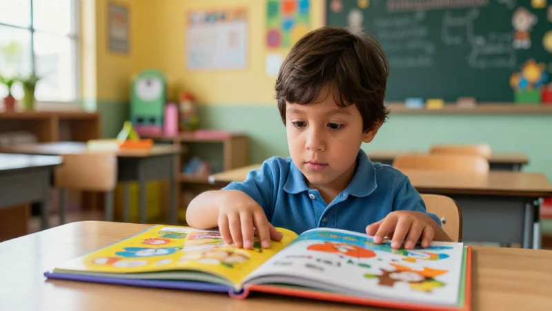 Niño curioso toca libro en aula vibrante