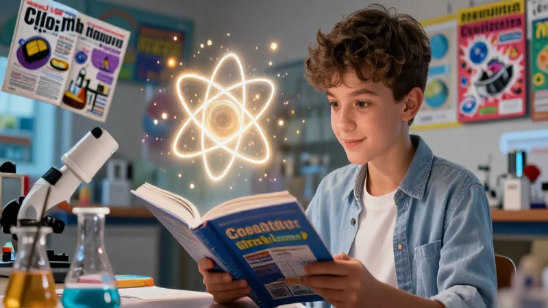 Estudiante entusiasta con ilustración vibrante sobre química