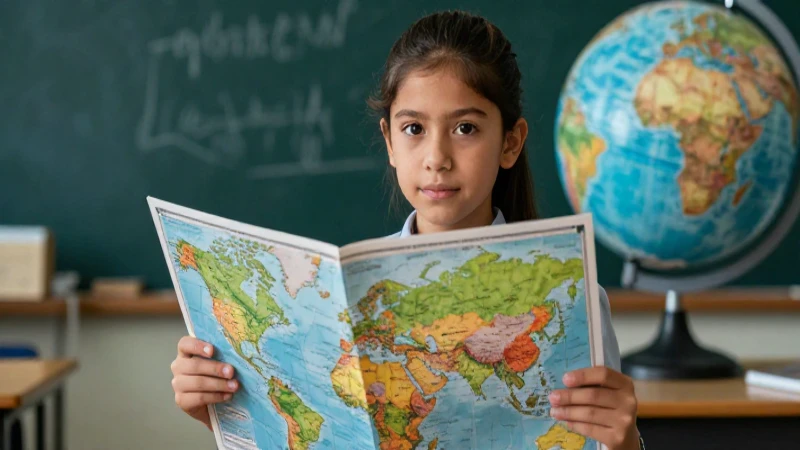 Niño mexicano feliz con atlas de geografía