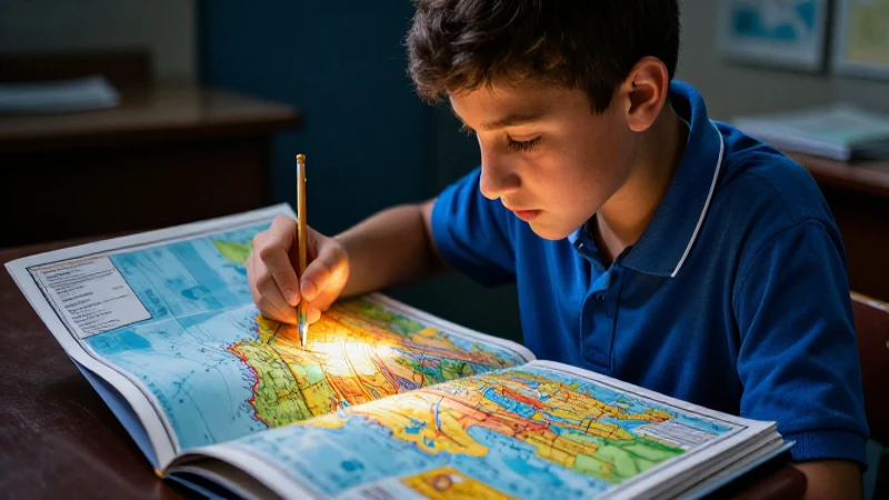 Estudiante estudia atlas geográfico iluminado y dinámico