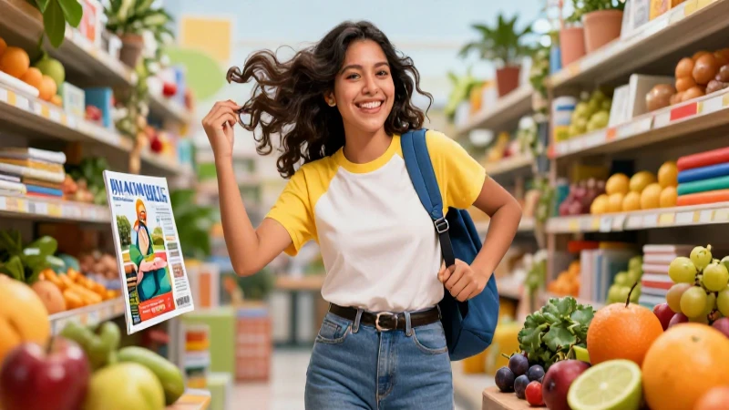 Joven mexicana alegre con recursos educativos vibrantes