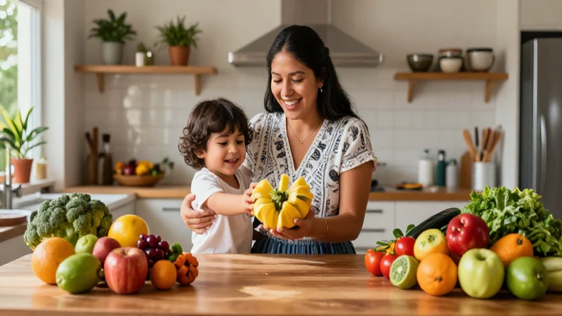 Madre sonriente y niño con alimentos frescos en casa