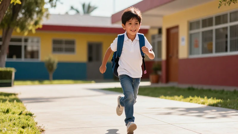 Niño mexicano feliz en escuela moderna bajo el sol