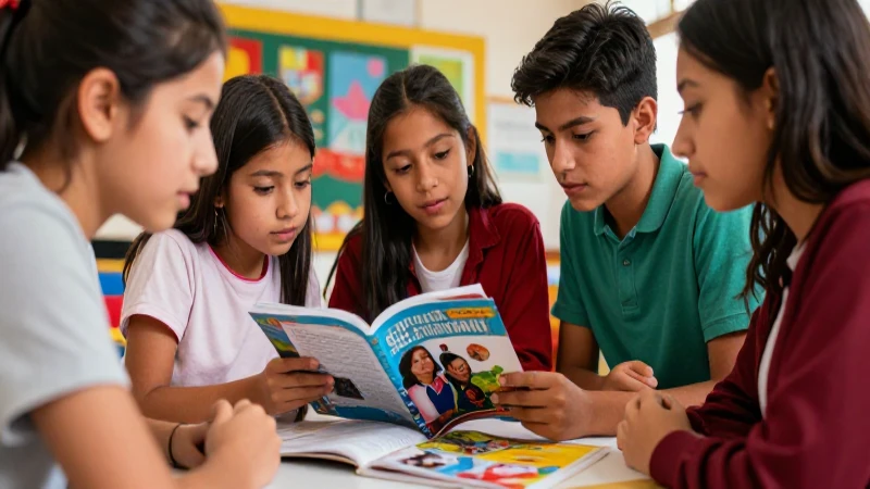 Ilustración vibrante de estudiantes mexicanos colaborando
