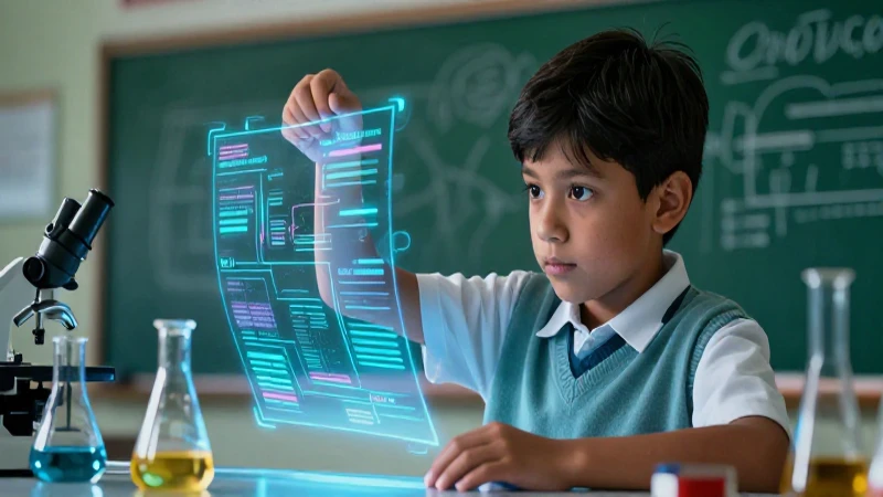 Niño científico en vibrante experimento educativo holográfico