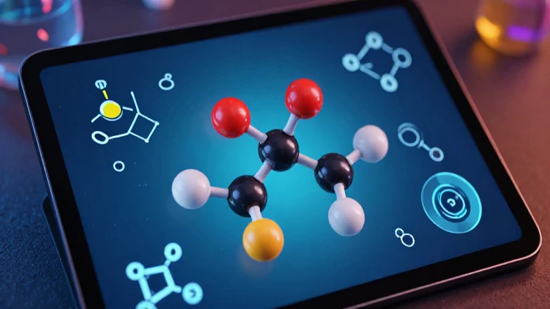 Estructura molecular vibrante en tablet educativa