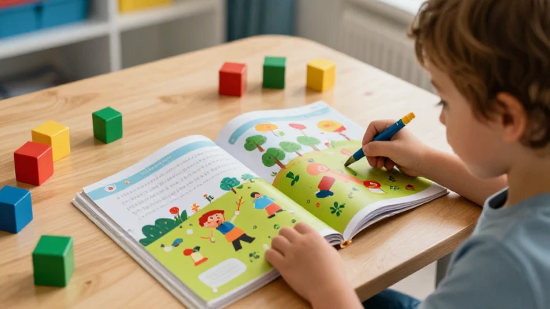 Niño alegre explora aprendizaje con bloques y libros