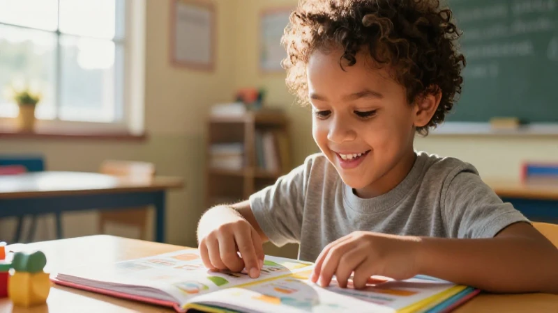 Niño sonriente interactúa con libro educativo en clase