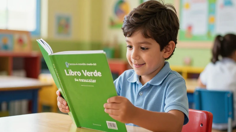 Niño feliz usa Libro Verde de Preescolar