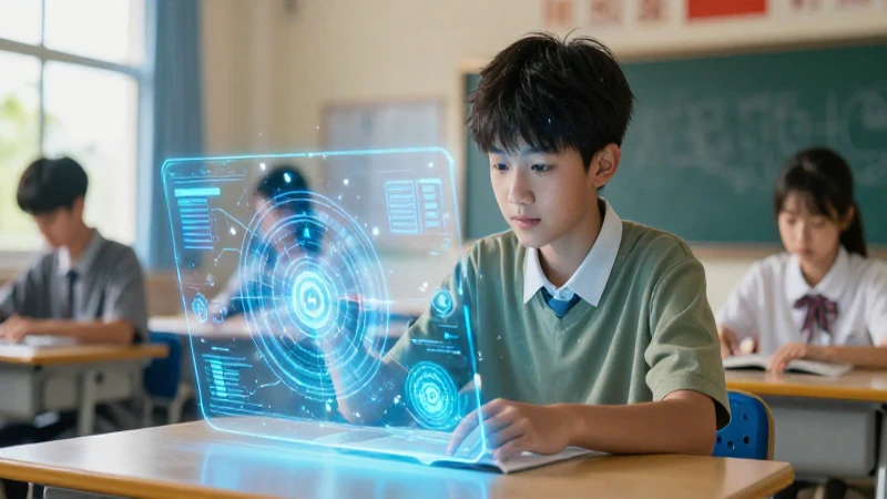 Estudiante dinámico en entorno educativo futurista y moderno