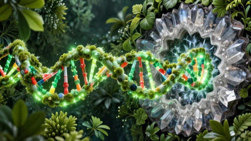 DNA detallado y flora vibrante con iluminación cinematográfica