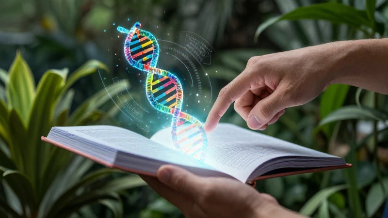 Mano interactúa con holograma de ADN sobre fondo botánico