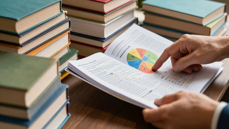 Libros y manos apuntando un gráfico educativo